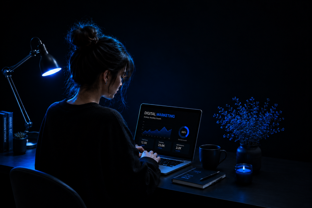 oung woman working on a laptop in a dark aesthetic workspace with black background, desk lamp, coffee mug, and cozy modern setup for a digital marketing or blog website.