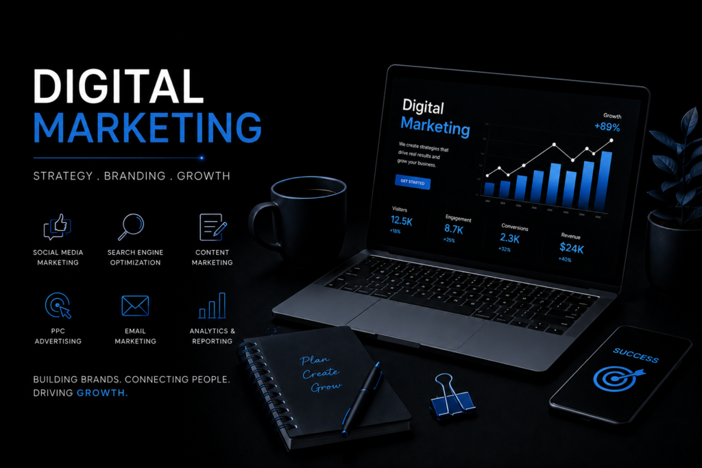 Modern digital marketing workspace with black background and blue glowing accents, featuring a laptop with analytics dashboard, smartphone, notebook, and professional branding setup in a dark aesthetic style.