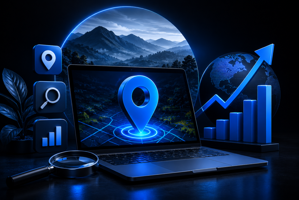 Futuristic black and blue SEO illustration featuring a glowing laptop, analytics charts, location pin, and digital marketing elements representing local business growth in Wayanad.